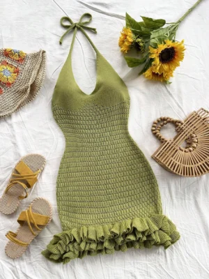 Soleia Solid Color Halter Tie Back Vacation Ruffle Trim Backless Knit Dress_6 Rhoncus aenean velelit scelerisque mauris